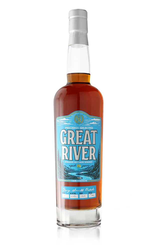 Great River Very Small Batch bourbon bottle, 8 year, cask strength